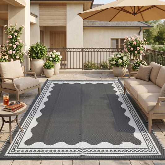 Garvee Outdoor Rug 5x8 Scalloped Waterproof Patio RV Outdoor Rugs Reversible Foldable Plastic Straw Rug Modern Camping Carpet for Deck Camper Porch Balcony Backyard Picnic Beach Grey