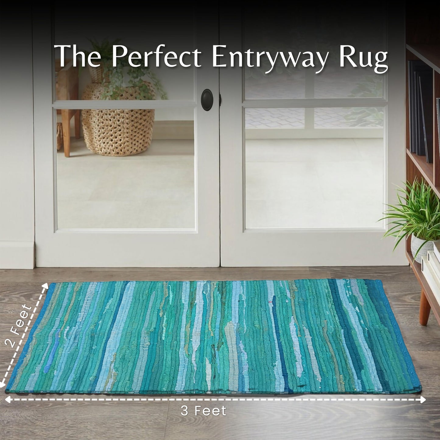 Ramanta Home Hand Woven 100% Cotton Chindi Rag Rug 2'x3' - Teal, Recycled Reversible Rug, Boho Farmhouse Rugs for Living Room, Dinning Room, Kitchen, Entryway, Bedroom Rugs - 24"x36"