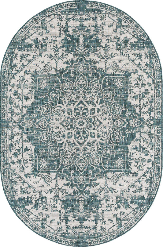 Unique Loom Jill Zarin Outdoor Collection Area Rug - Dubai (5' 3' x 8' Oval, Teal/ Ivory)