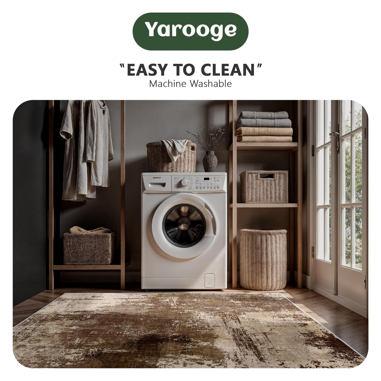 Yarooge 8x10 Rugs for Living Room - Modern Abstract Washable Rug, Ultra Soft Non Slip Low Pile Large Rugs, Floor Carpet for Bedroom Dining Room Office Laundry Nursery Home(A-Brown)