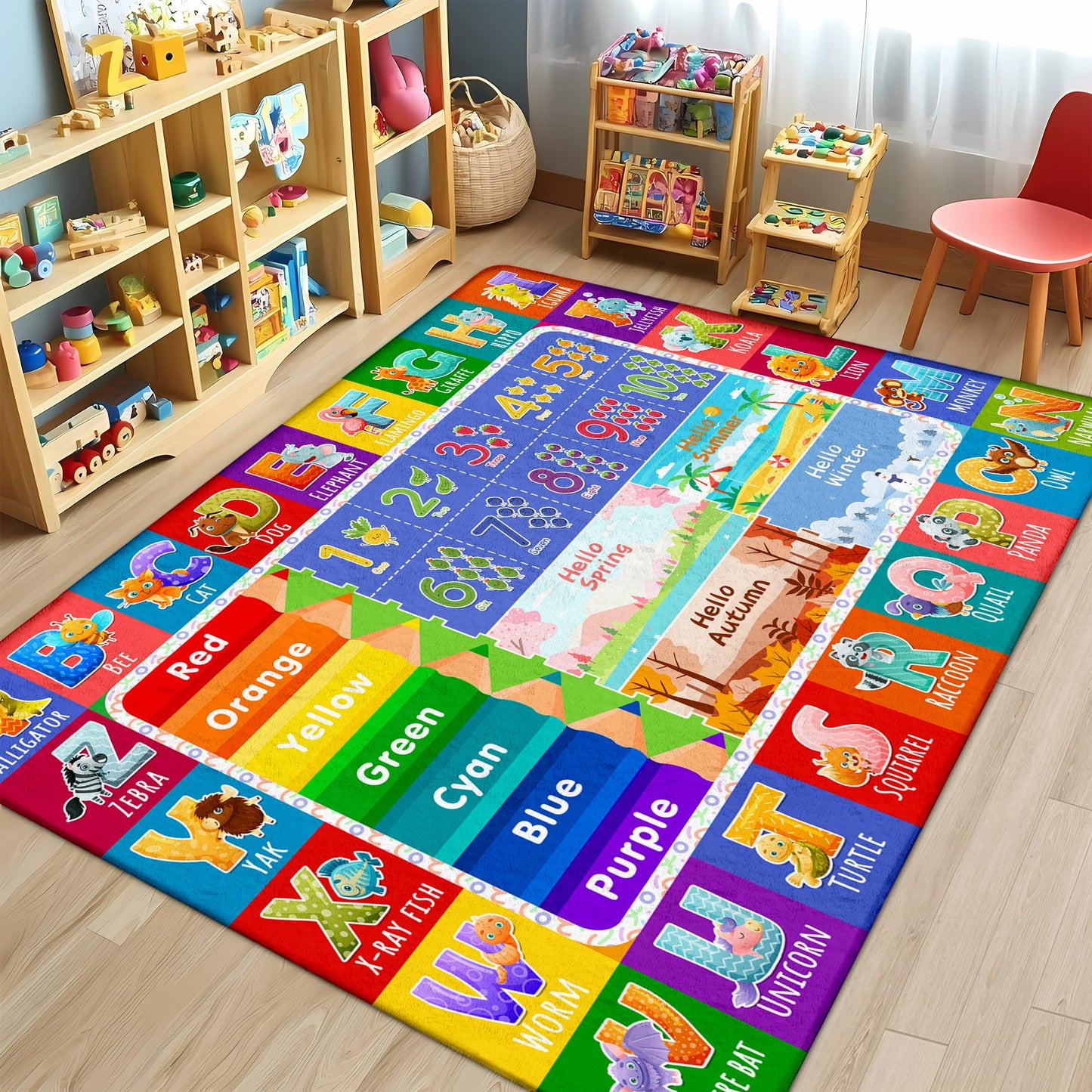 Kids Classroom & Playroom Rug - ABC Alphabet Educational Area Rug with Animals Colors & Numbers - Washable Non-Slip Carpet Playmat for Nursery Preschool & Reading Area 4x6 Feet