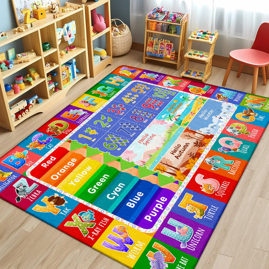 Kids Classroom & Playroom Rug - ABC Alphabet Educational Area Rug with Animals Colors & Numbers - Washable Non-Slip Carpet Playmat for Nursery Preschool & Reading Area 4x6 Feet