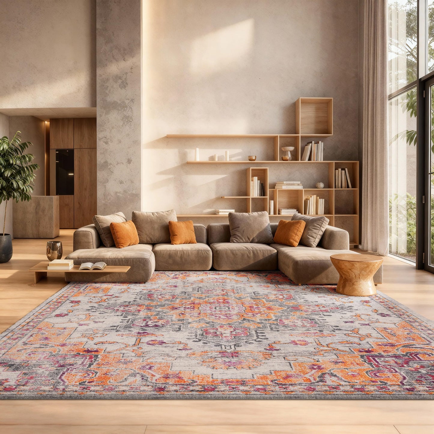SAFAVIEH Area Rug 8x10 - Madison Collection - Large - Beige & Orange, Boho Chic Distressed Medallion Design, Non-Shedding & Easy to Clean, Ideal for Living Room, Bedroom, Dining Space (MAD473E)