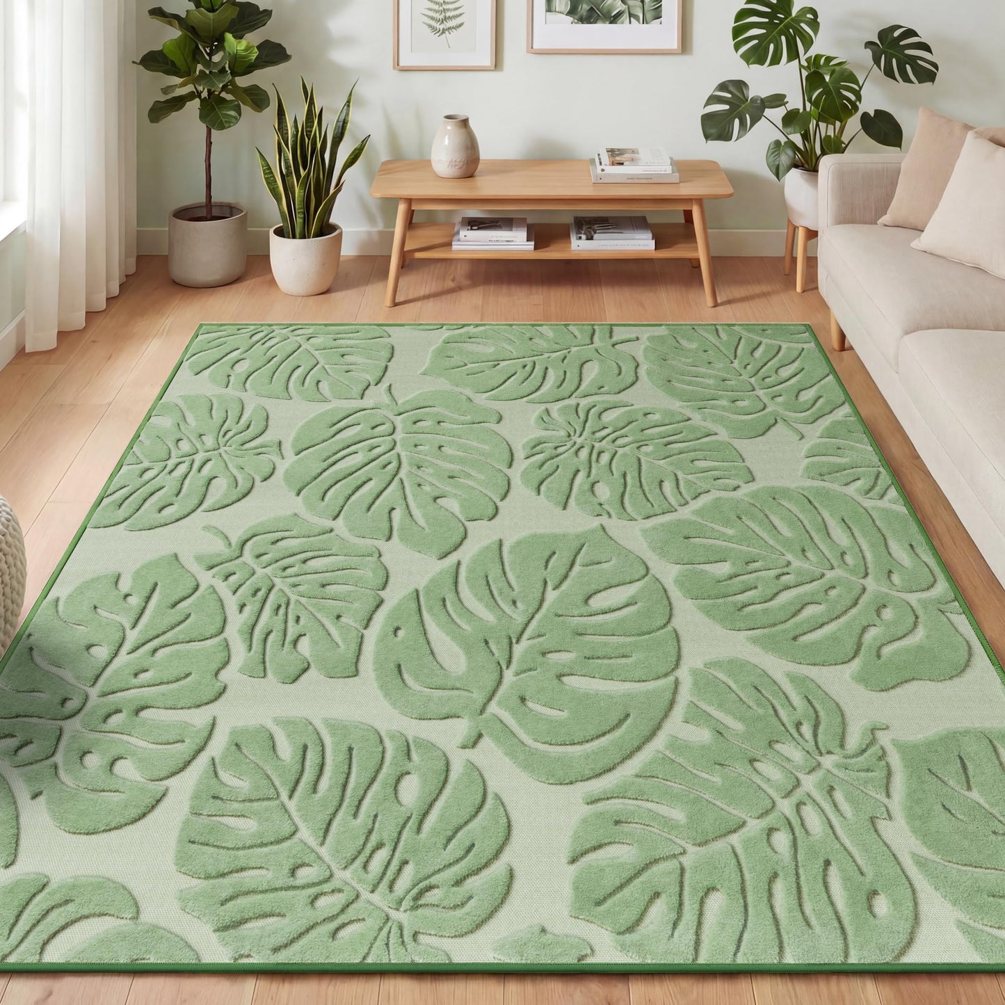 Sage Green Monstera Area Rug 5x7, High-Low Plush Pile Washable Rugs for Living Room Bedroom, Tropical Non Slip Nursery Carpet Soft Indoor Shag Rugs for Dining Room