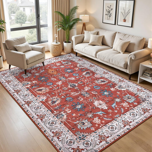 Hanples 5x7 Area Rugs for Living Room, Washable Rugs Low Pile Vintage Boho Soft Floral Carpet for Living Room, Indoor Non-Slip Stain Resistant for Bedroom Dining Room Nursery Home Office,Red