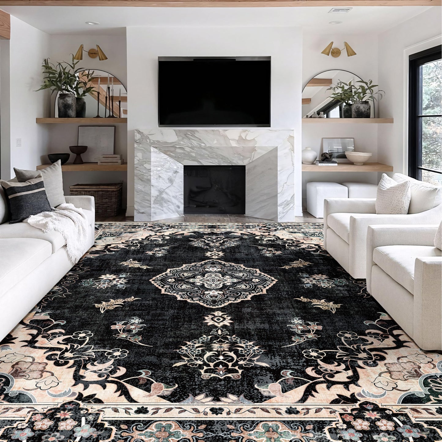 MUJOO 9x12 Area Rug Black Washable Rug Non Slip Low-Pile Floral Large