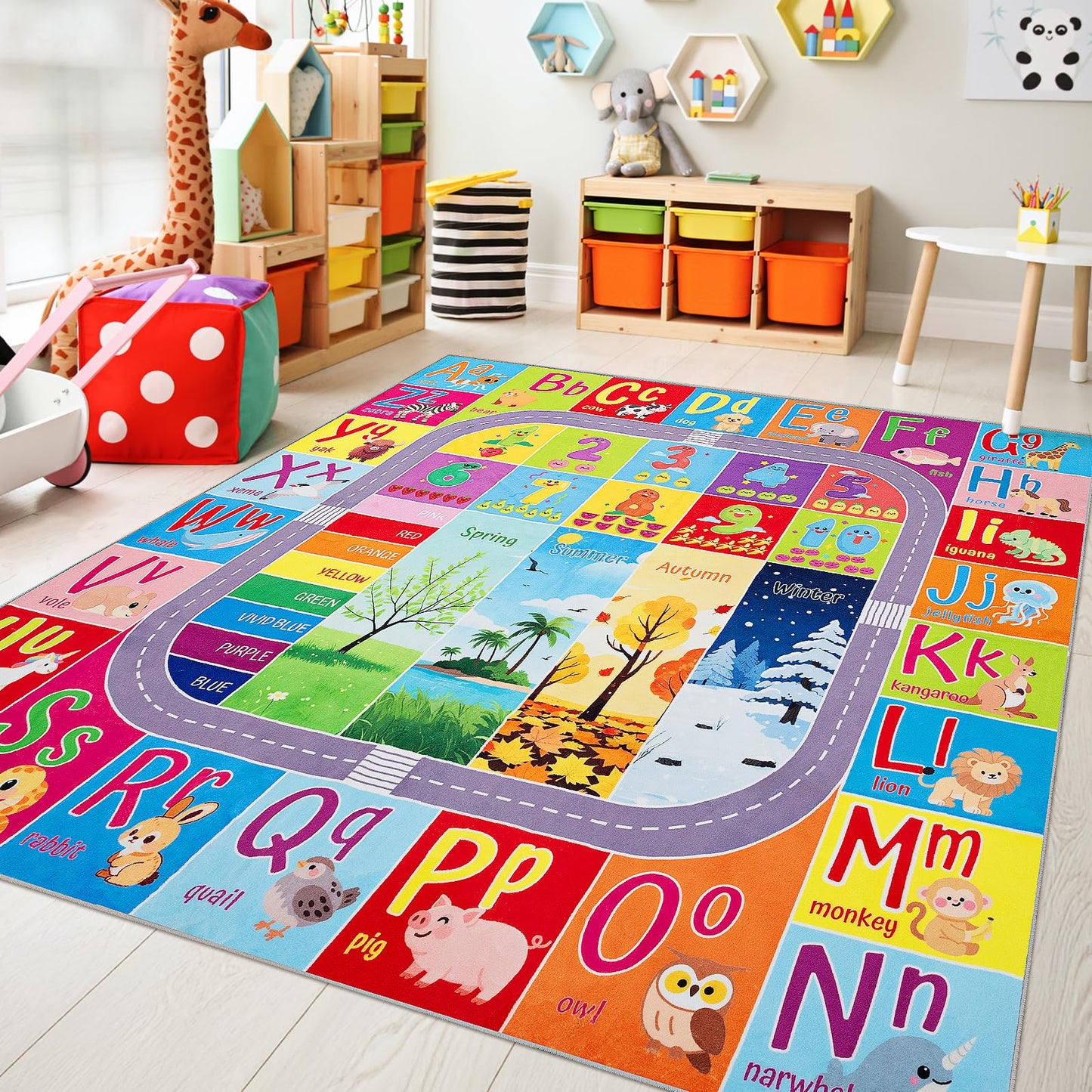 UKISS ABC Kids Rug,Toddler Educational Play Rug for Learning Alphabet, Numbers, Colors, Seasons and Animal Words,55"x55"Washable Classroom Area Rugs,Non-Slip Kids Play Mat Carpet for Playroom