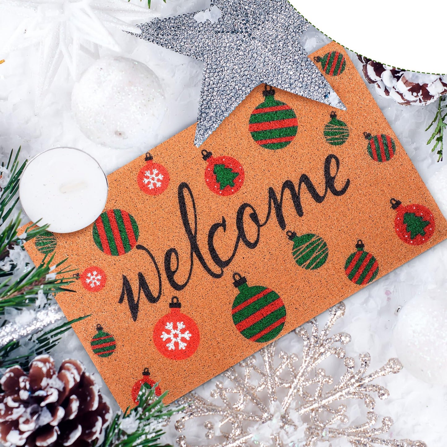 Drydiet Christmas Cat Welcome Door Mat 18 x 30 Inch Coir Doormat Merry Xmas Ball Farmhouse Floor Mats Door Rugs with Rubber Non Slip Backing for Home Front Floor(Christmas Ball Style)