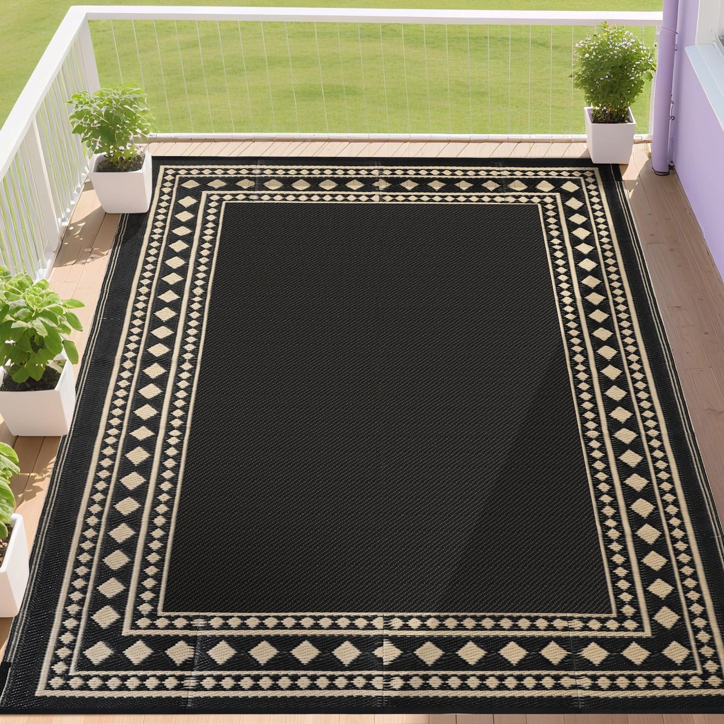 RURALITY Outdoor Rugs 6x9 Waterproof for Patios Clearance,Plastic Straw Mats for Backyard,Porch,Deck,Balcony,Black and Beige