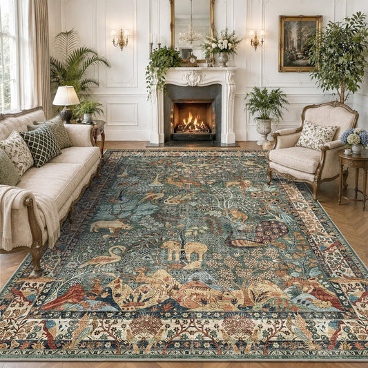 8x10 Green Boho Area Rug, Vintage Jungle Animal Print Large Washable Rug, Non Slip Low Pile Stain Resistant Carpet, Large Floor Rug for Living Room Farmhouse Dining Room Kids Playroom