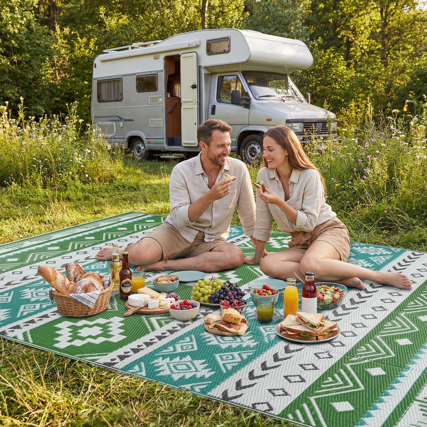 Outdoor Area Rug 6x9 Waterproof Patio Rug Reverisble Plastic Straw Outdoor Mat, Portable RV Mat Carpet for Deck, Camper, Porch, Balcony, Backyard, Picnic, Blue