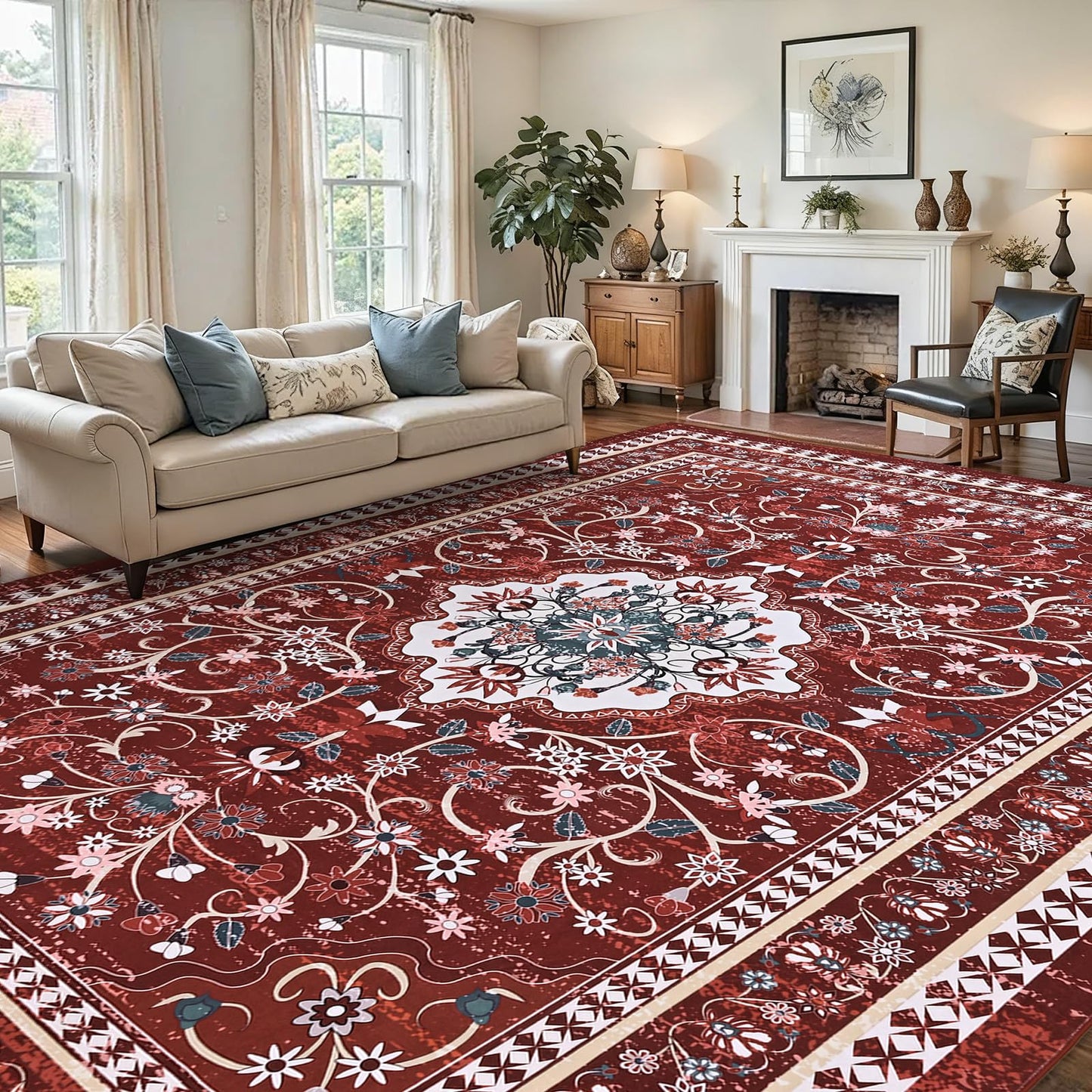 BLEUM CADE 8' x 10' Red Boho Rugs for Living Room, Washable Low Pile Non-Slip Area Rugs for Bedroom Dining Room Kitchen Classroom Office Nursery Playroom