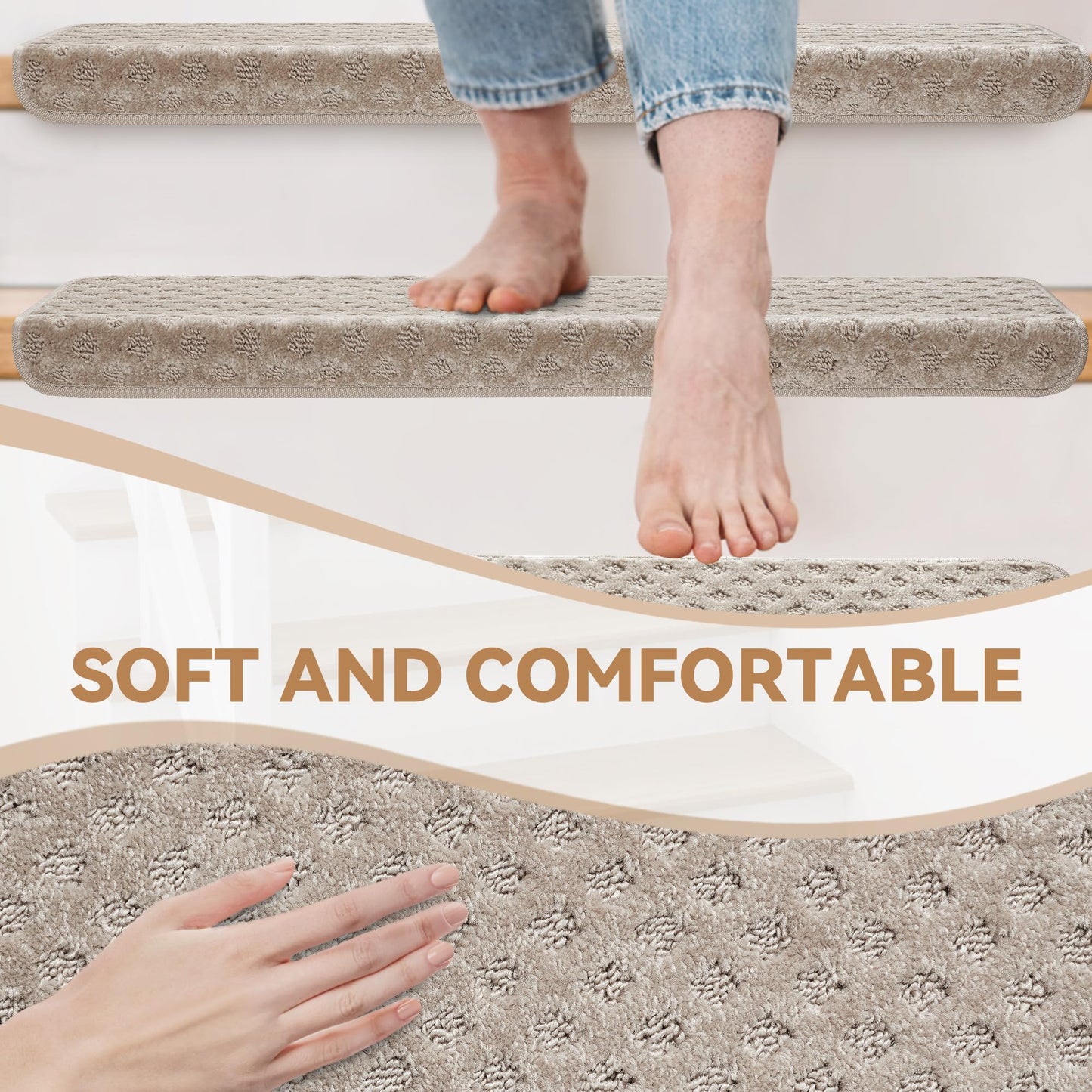 Bullnose Stair Treads Non Slip 9.5" x 32", 14 Pcs Carpet Stair Treads for Wooden Steps Indoor with Edge Protection, Reusable Peel and Stick TPU Backing Stair Runner Rugs - Lattice Pattern Beige Grey