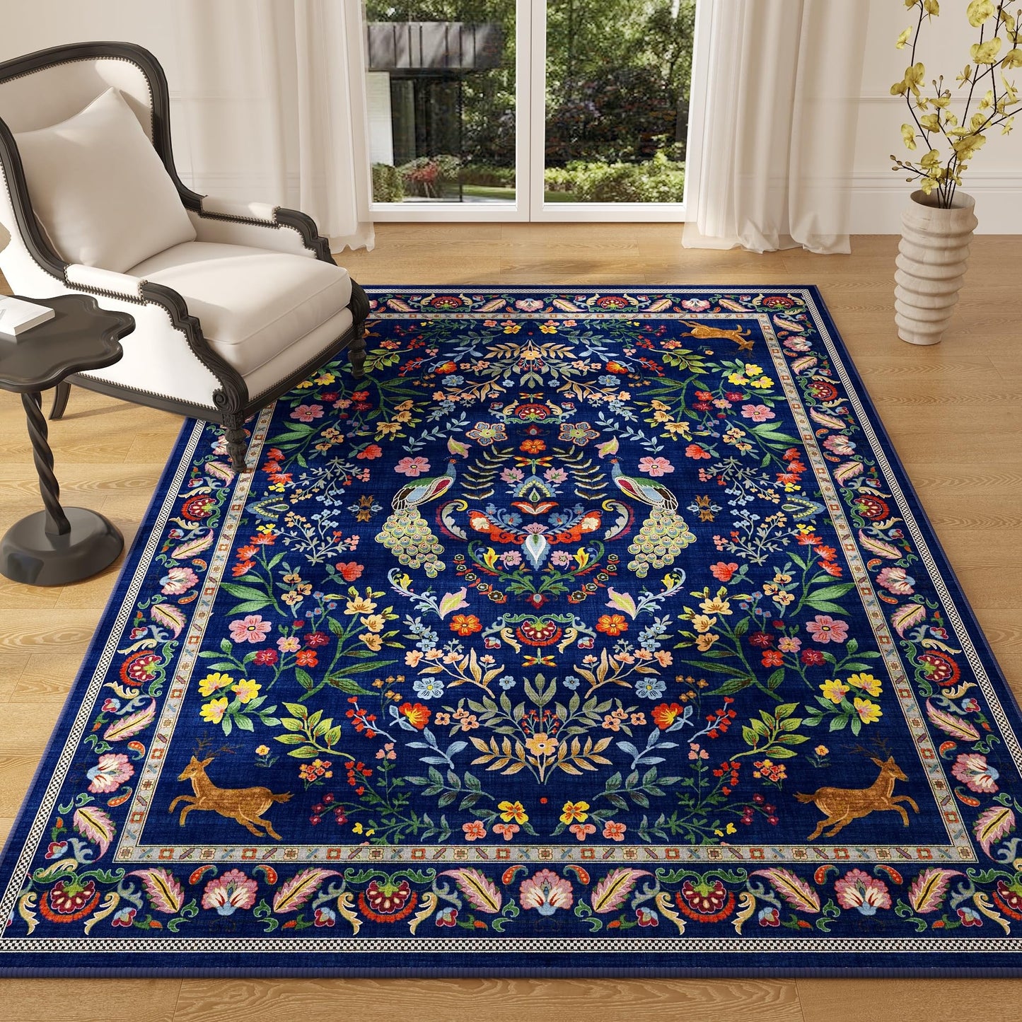 Rugcomf Area Rug 4x6 Rug Washable Rugs Floral Non Slip Low Pile Small Carpet for Bedroom, Bedside, Kids Room, Office, Dining Room(Blue)