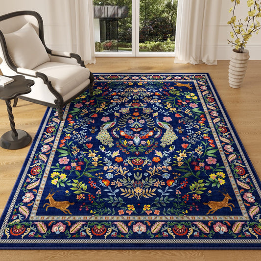 Rugcomf Area Rug 4x6 Rug Washable Rugs Floral Non Slip Low Pile Small Carpet for Bedroom, Bedside, Kids Room, Office, Dining Room(Blue)