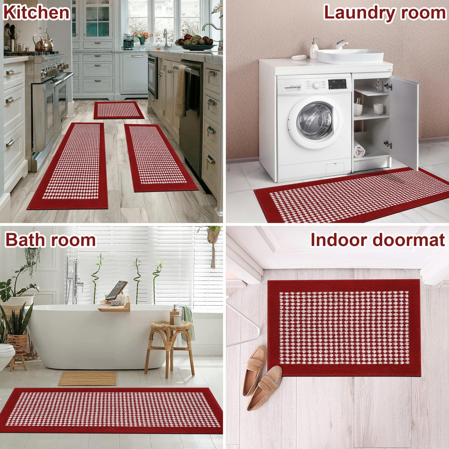 Ileading Christmas Kitchen Mat Sets 3 Piece Red Kitchen Floor Rugs with Non Slip Rubber Backing Machine Washable Runner Rugs for Winter Holiday Decor Laundry Hallway Doormat Valentine's Day