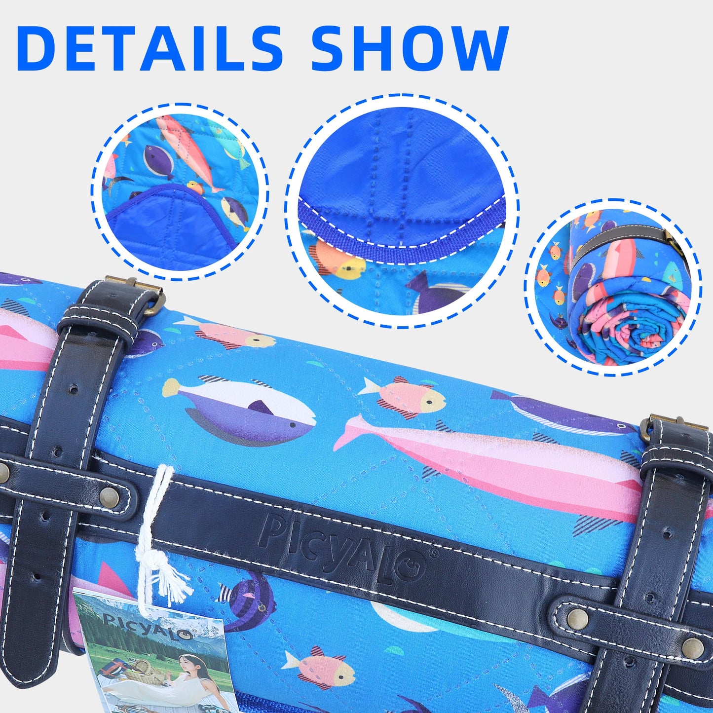 PICYALO Picnic Blanket, 80x80 Inches, White Fish Pattern, Double Thickened with 150g Cotton, Portable Foldable with Leather Carry Strap