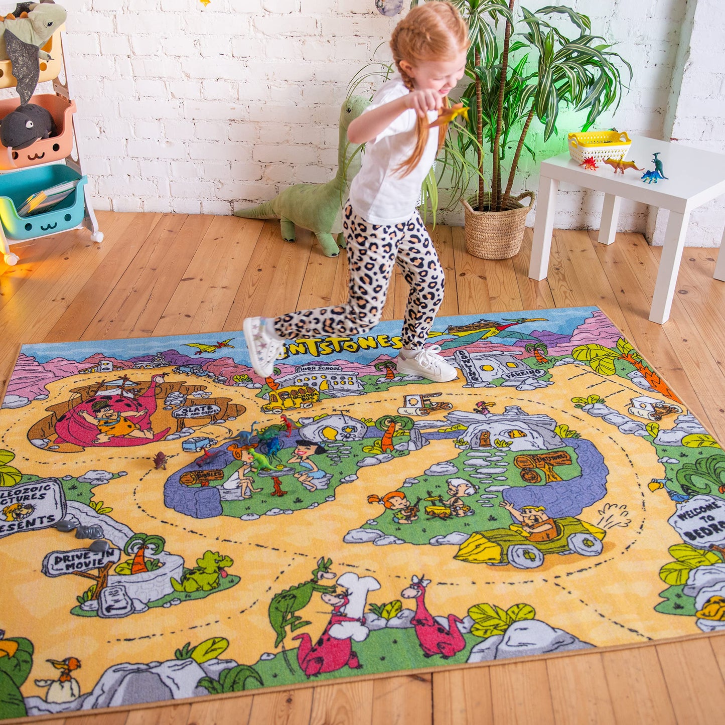 The Flintstones Bedrock City Adventure Road Play Rug 3x5| Kids Interactive Toy Car Play Mat Carpet for Toddler Classroom, Playroom & Baby Nursery