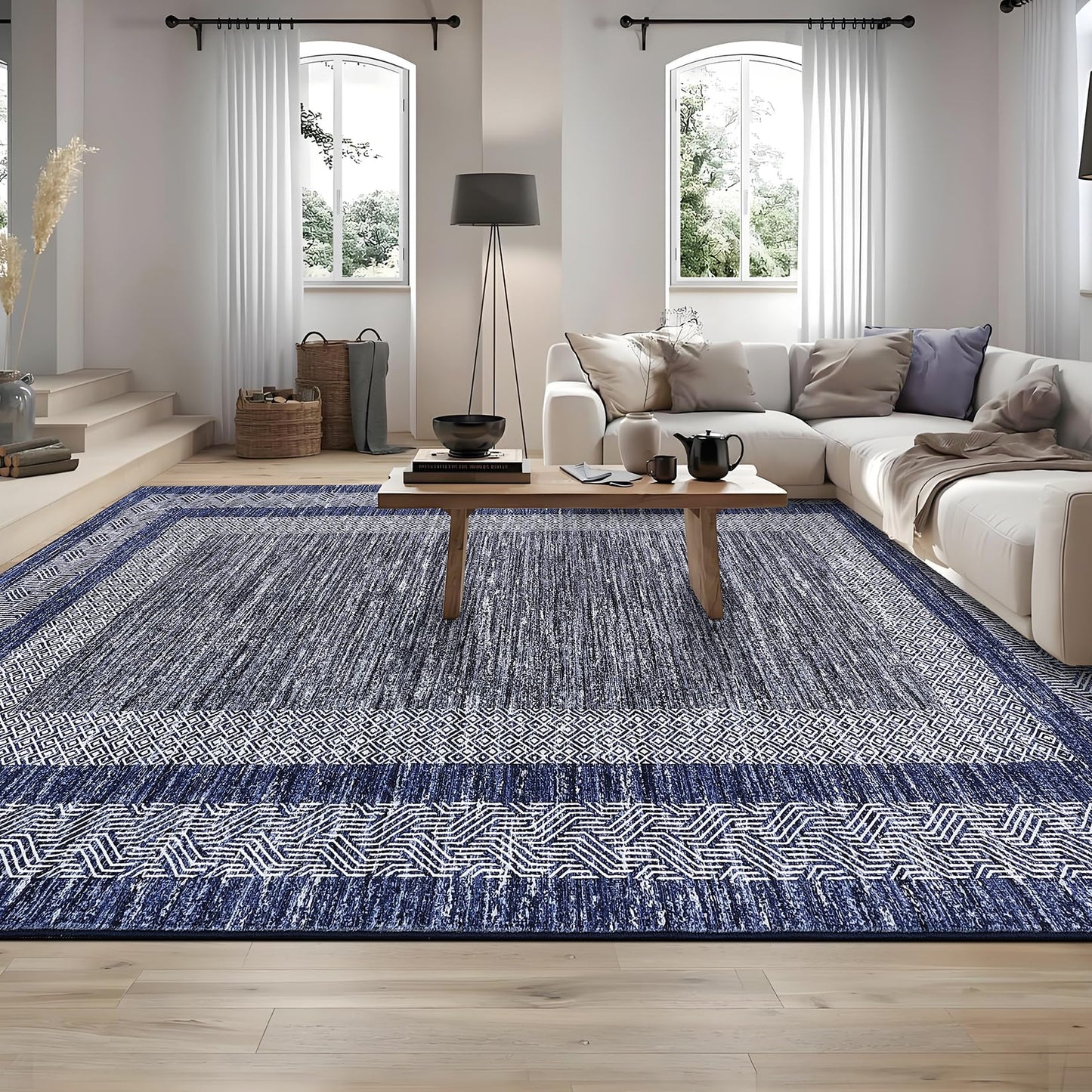 GarveeHome Modern Geometric Area Rug 5x7 Distressed Bordered Rug Washable Non Slip Floor Carpet Non Shedding Thin Rug, Soft Low Pile Rug, Contemporary Blue Rug for Dining Room, Living Room