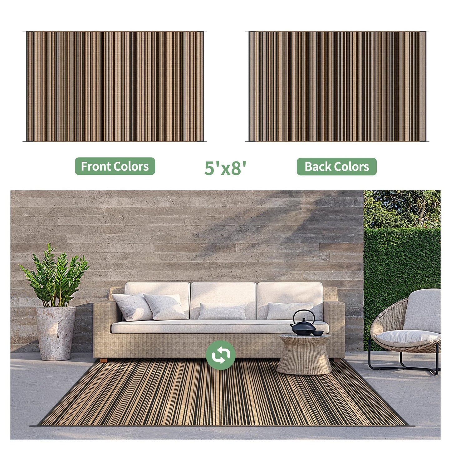 GENIMO Outdoor Rug for Patio Clearance, 5'x8' Reversible Plastic Straw Rugs, Lightweight Waterproof RV Camping Mat for Camper, Balcony, Deck, Backyard, Picnic, BlackBrown