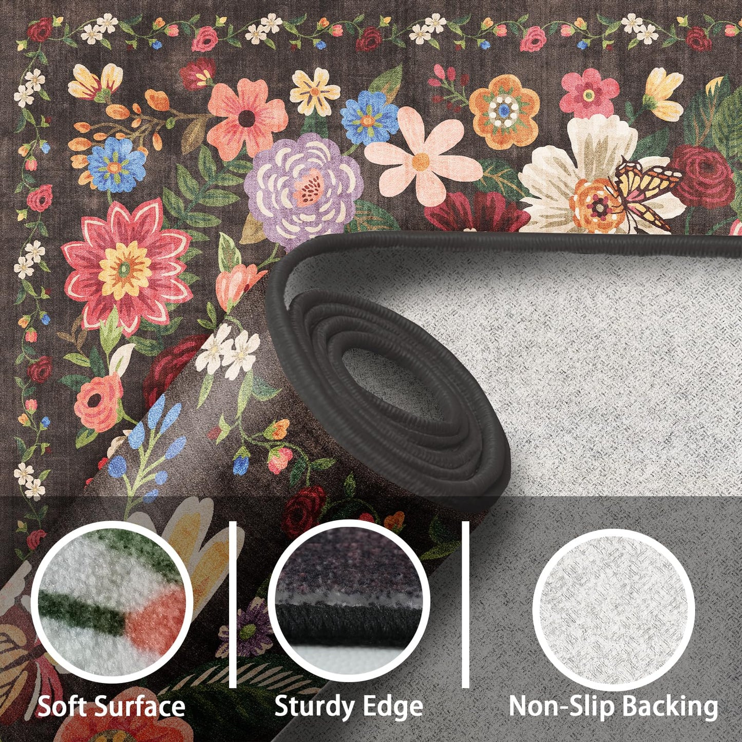 Espresso (Black Brown) 24x17 Inch Home Decor Entry Rug, Small Door Mat Bath Mats for Bathroom, Ultra-Thin Non Slip Floral Low Pile Tub Mat for Sink Shower Doorway Tub Kitchen (2 x 1.4 ft, Espresso)