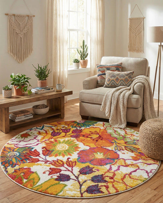 Rugs.com - Tuscany Rug – 4 Ft Round Ivory Floral Area Rug – Modern Stain-Resistant Carpet for Playrooms and Nurseries