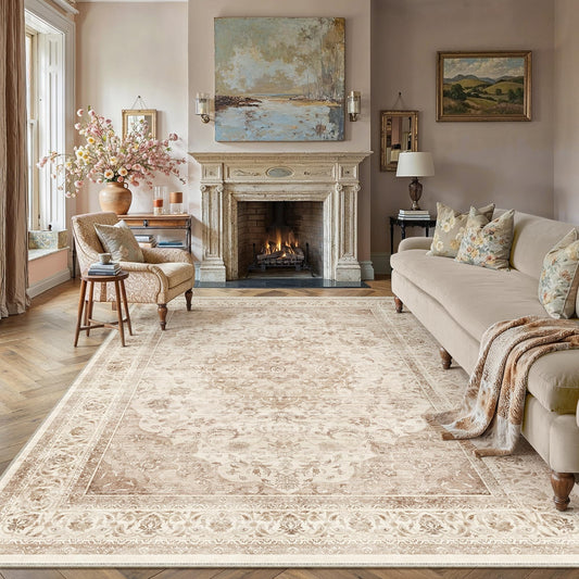 WondRg 8x10 Beige Washable Vintage Area Rug for Living Room Bedroom Soft Tranditional Non Slip Large Throw Rug Lightweight Floral Low Pile Distressed Carpet Office Playroom Home Decor