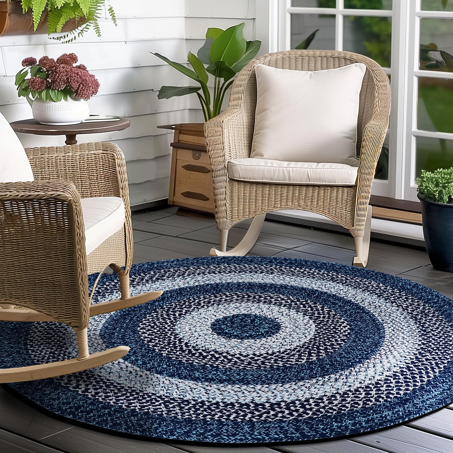 Super Area Rugs Rustic Aqua Blue/White/Black Braided Rug for Dining Room Table, Washable Outdoor Rug for Patio/Porch 4' Round