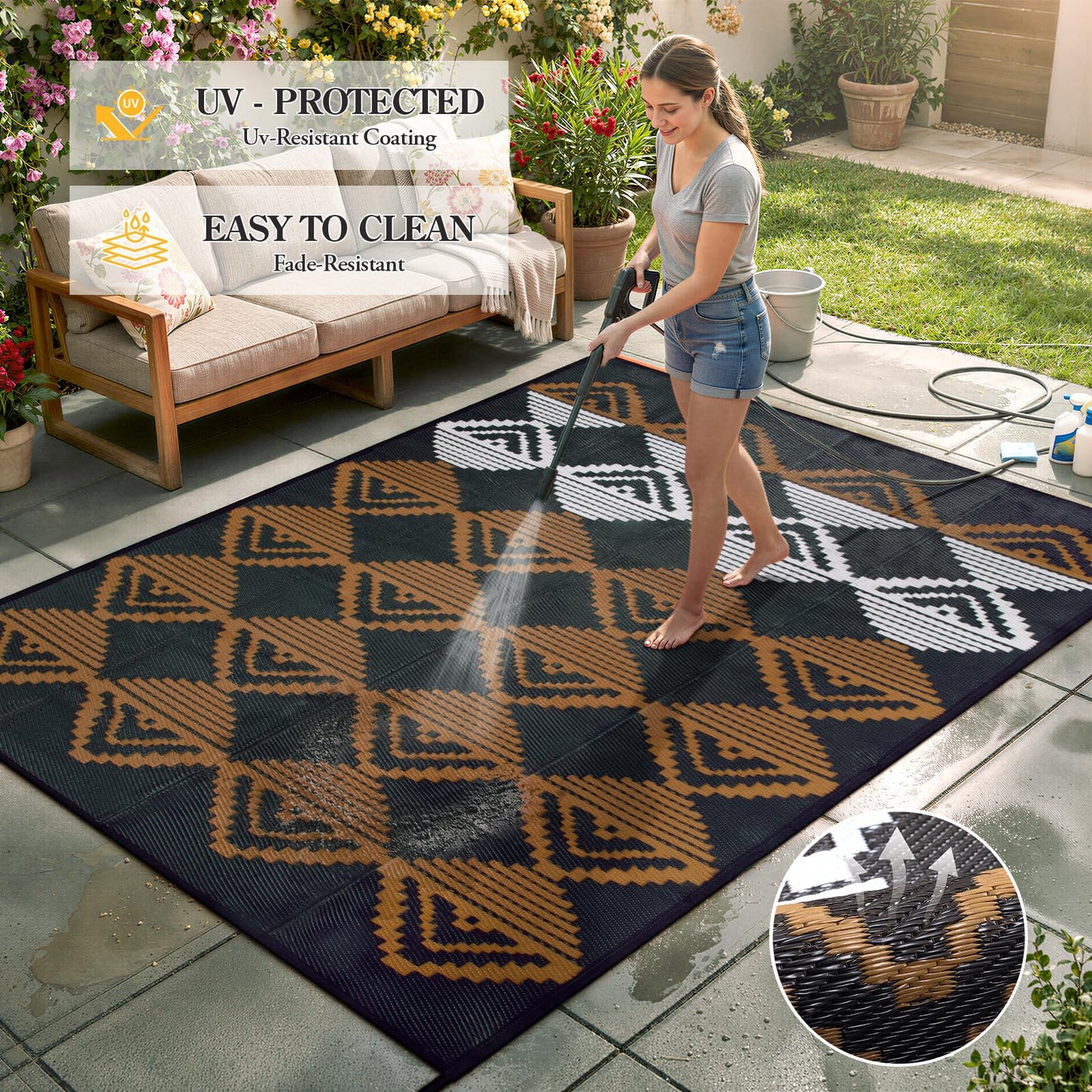 Beeiva Outdoor Rug 8x10 Waterproof for Patio, Reversible Outdoor Patio Rug for Deck, Backyard, RV Camping, Plastic Straw Rug Black Brown