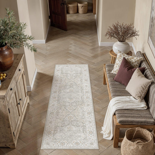 HUGEAR 2x6 Runner Rug Washable Beige Grey Hallway Bedroom Living Room Rug Vintage Soft Carpet Rug Non-Shedding & Non-Slip Indoor Home Decor Dining Laundry Room Kitchen Floor Mat