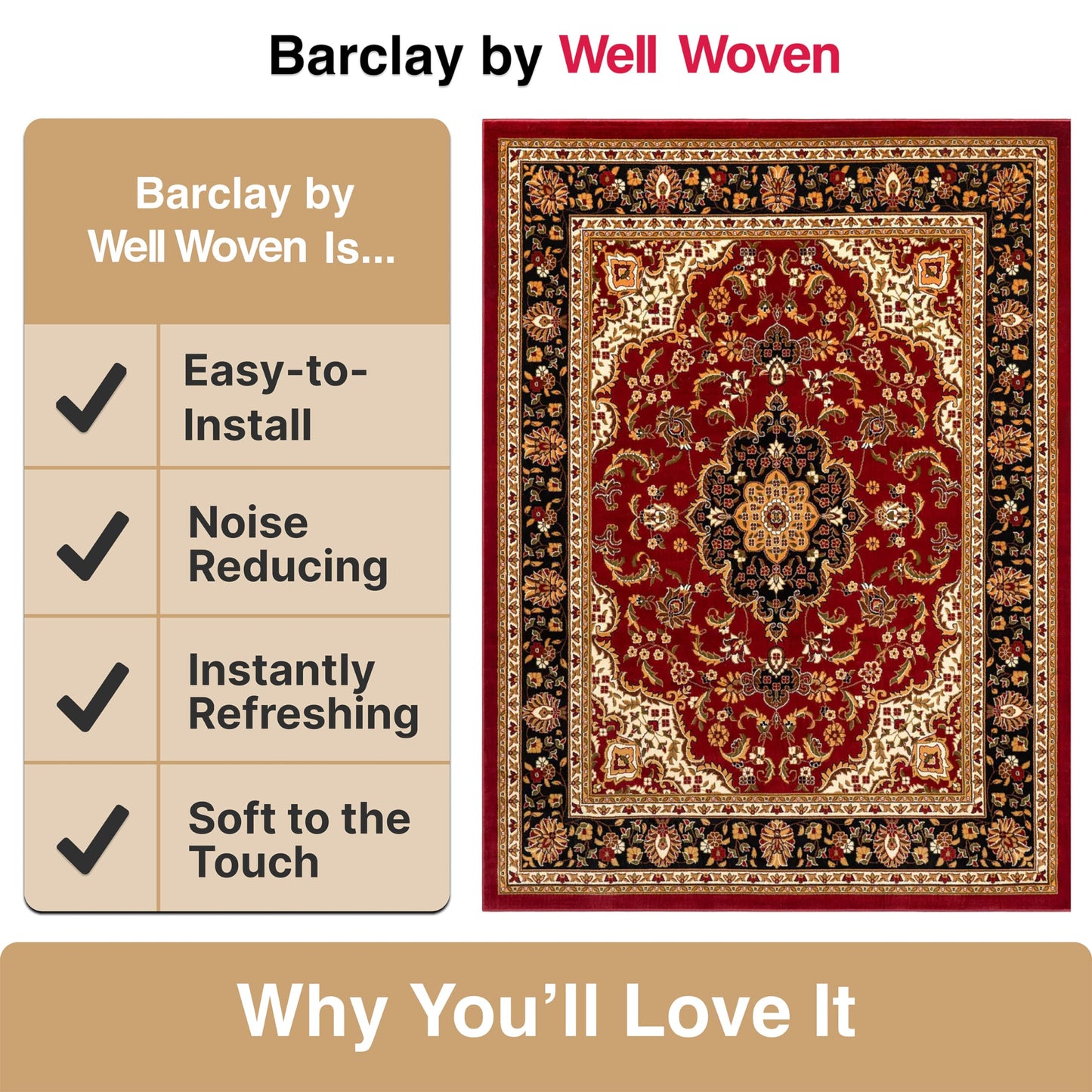 Well Woven Barclay Collection Medallion Kashan Red 8x10 Area Rug - for Living Room, Bedroom, and Dining Room