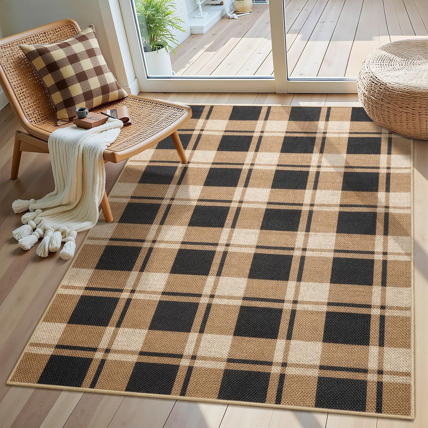 AROGAN Plaid Jute Rug 3x5, Washable Indoor Outdoor Rug, Black and Brown Checkered Farmhouse Rug, Non-Slip Low Pile Carpet for Patio, Living Room, Kitchen, Entryway