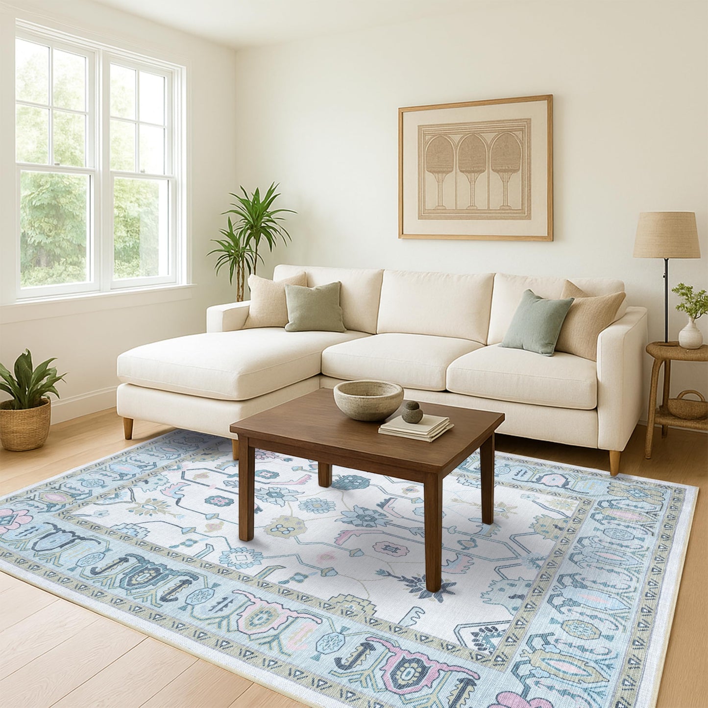 Fame Living Cream Green Oushak Rug, Modern, Vintage, Turkish, Eclectic, Floral, Pastel, Washable, Area Rugs for Living Room, Dining, Bedroom, Office, Entryway, Foyer, Playroom, Nursery, 5'x6'9"