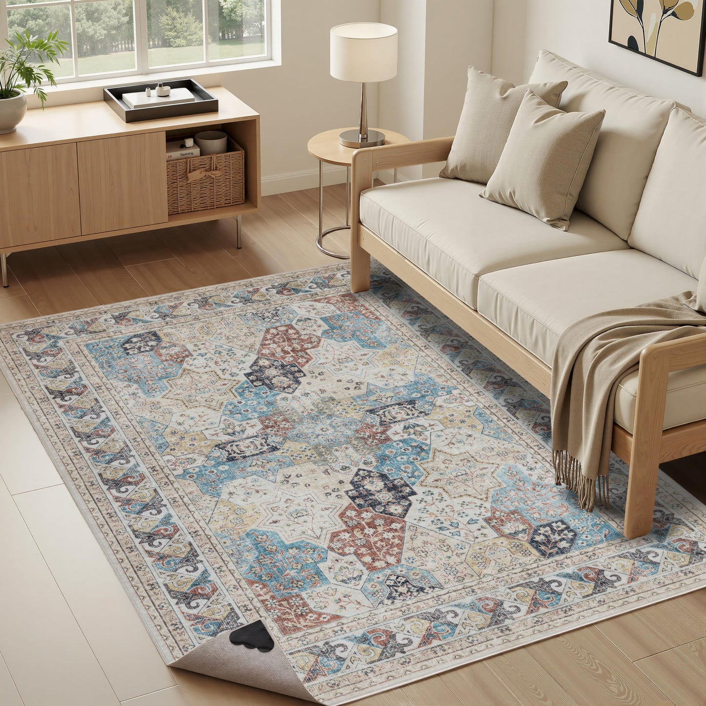 4x6 Moroccan Washable Area Rugs, Oriental Accent Rugs with Non-Slip Backing, Distressed Design Low Pile Soft Carpet for Living Room, Bedroom, Dining Room, Home Office, Blue/Multi