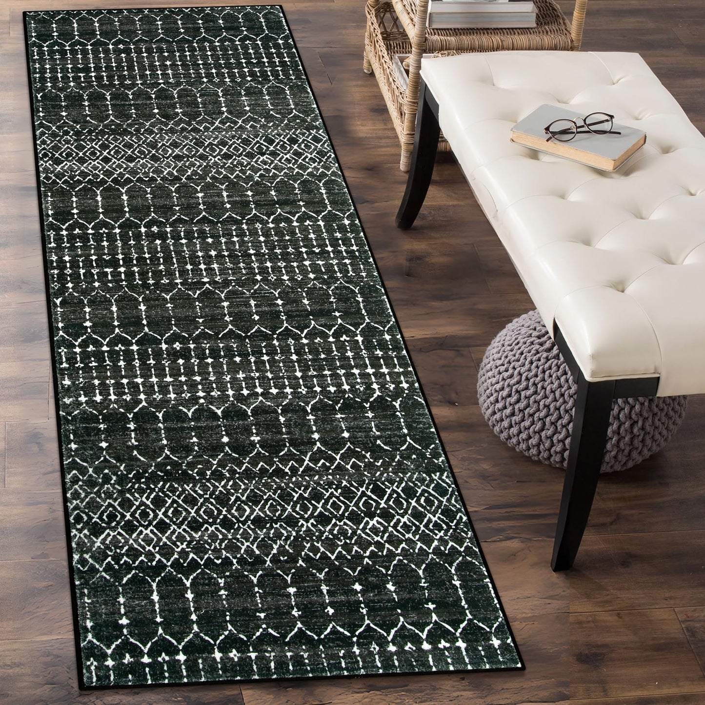 Lahome Moroccan Black Rug 2x8 Washable Non-Skid Kitchen Floor Runner, Low-Profile, Non Slip, Geometric Print Distressed Entryway Runner for Hallways, Laundry Room, Foyer Hana