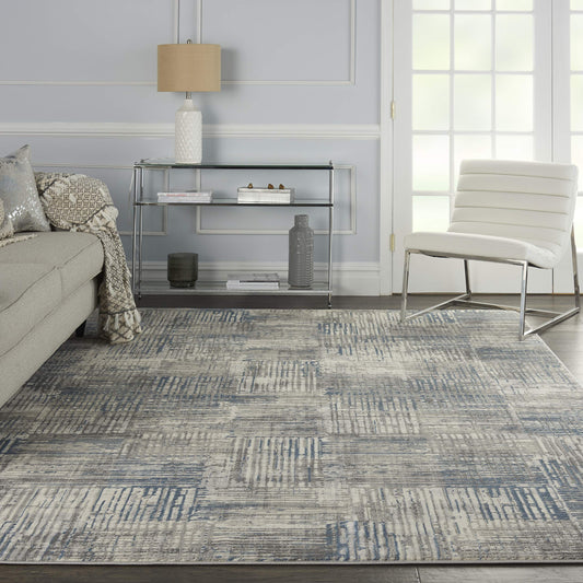 Nourison Home Solace Contemporary Rustic Ivory/Grey/Blue 8' x 10' Area Rug, Easy Clean, Non Shedding, Bed Room, Living Room, Dining Room, Kitchen, (8' x 10')