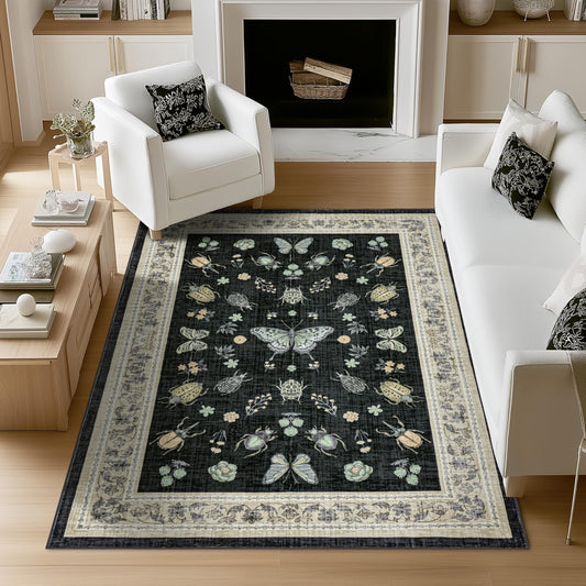 Natural Cottagecore Butterfly Area Rug 5 x 8 for Dining Room Under Table Living Room Floral Insect Black 5x8 Rug Non Slip Washable Low Pile Floor Covering Carpet for Bedroom Decor