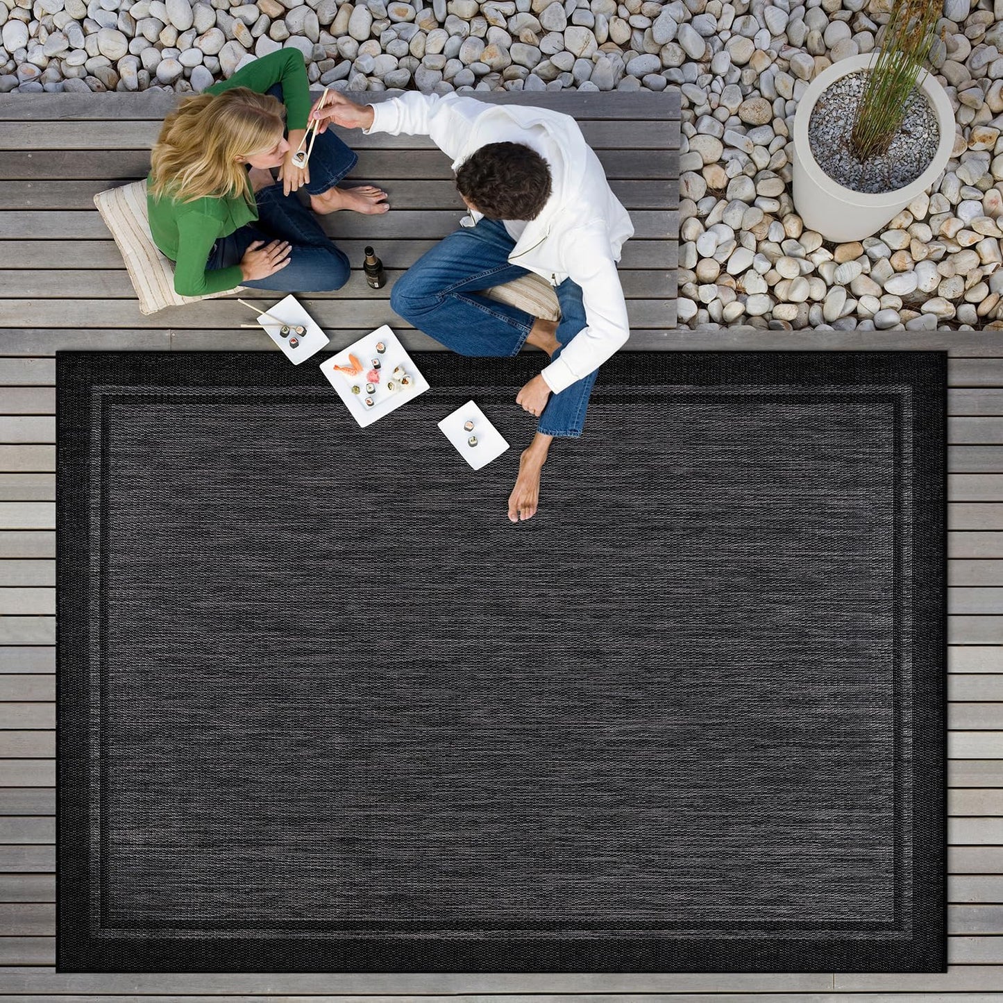 CAMILSON Indoor Outdoor Rug, 8x10 Bordered Dark Gray Black Modern Area Rugs for Indoor and Outdoor Patios, Kitchen and Hallway Mats, Washable Porch Deck Outside Carpet (Bordered Black, 8 x 10)