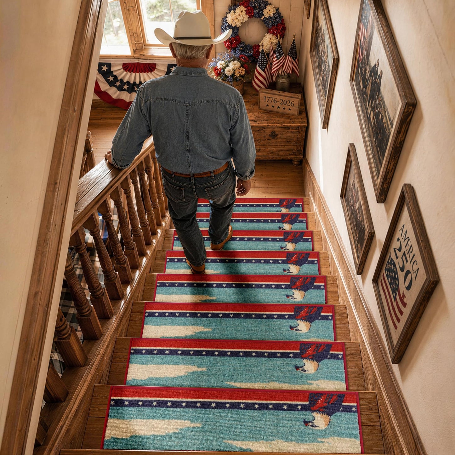 250th Anniversary Stair Treads for Wooden Steps Non Slip 8x30, Stair Carpet Treads with Patented TPE Grip, Machine Washable Stair Pads for Wood Stairs Indoor, Blad Eagle Pattern, 4 Pack