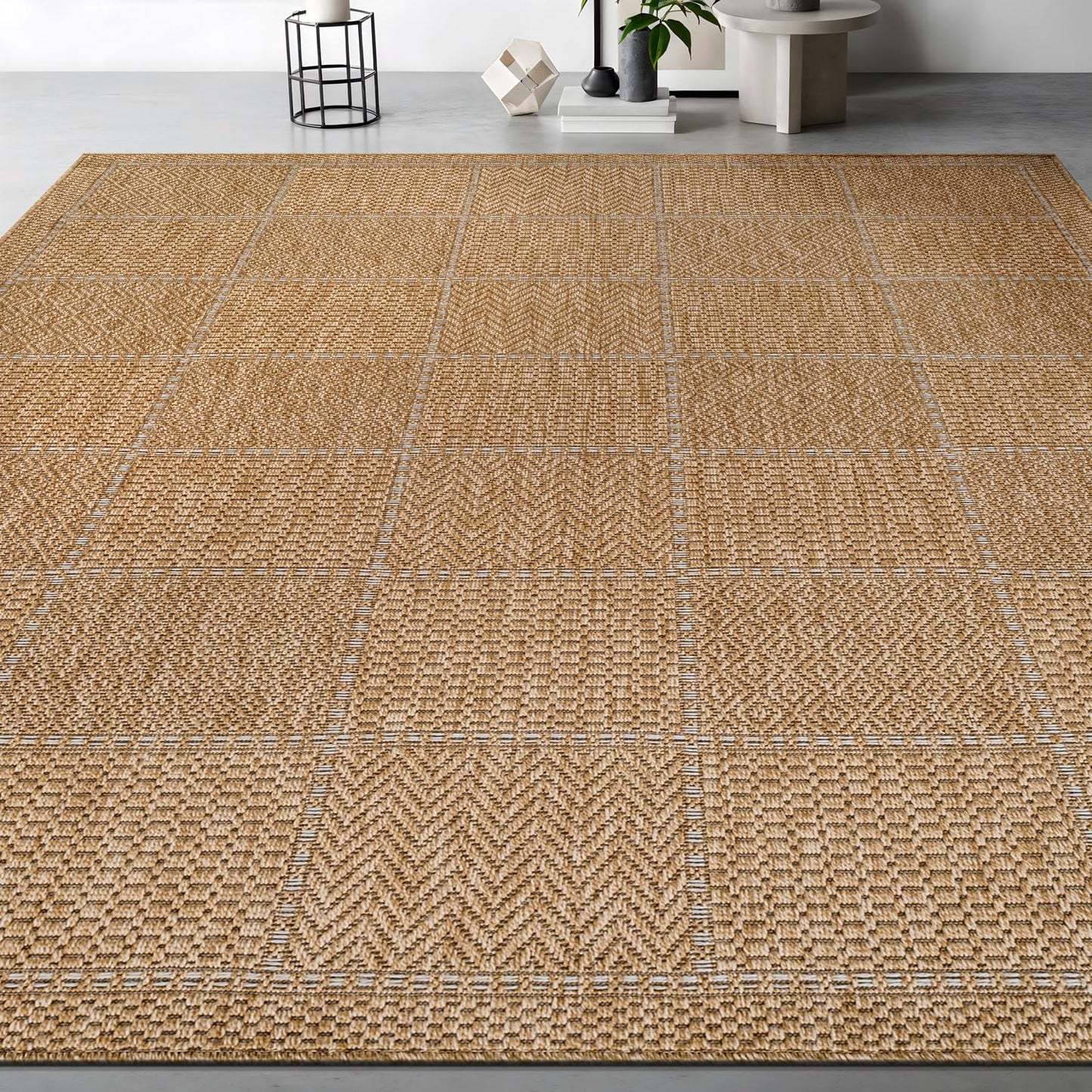 Beverly Rug Easy Jute Checkered Squared Rug 10x14 Washable Large Indoor Outdoor Area Rugs for Living Dining Room Patio Office Stain Resistant Non Shedding Casual Indoor Outside Carpet 10 x 14 Natural