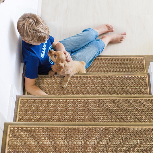 Braided Stair Treads Faux Jute,Non-Slip Stair Runners for Wooden Steps,Indoor,Farmhouse,15PCS 30"x8",Neutral Peel and Stick Stairs Carpet for Kids,Elders and Dogs,Stair Covers,Tan Brown
