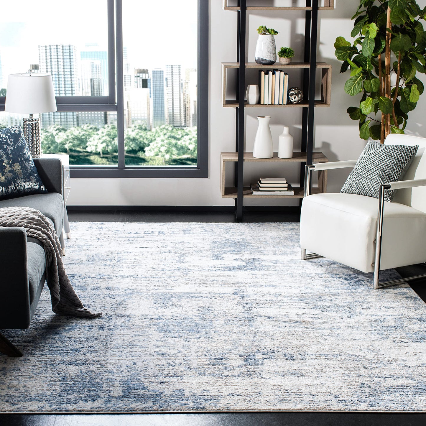 SAFAVIEH Amelia Collection Area Rug - 9' Square, Ivory & Blue, Modern Abstract Design, Non-Shedding & Easy Care, Ideal for High Traffic Areas in Living Room, Bedroom (ALA700A)
