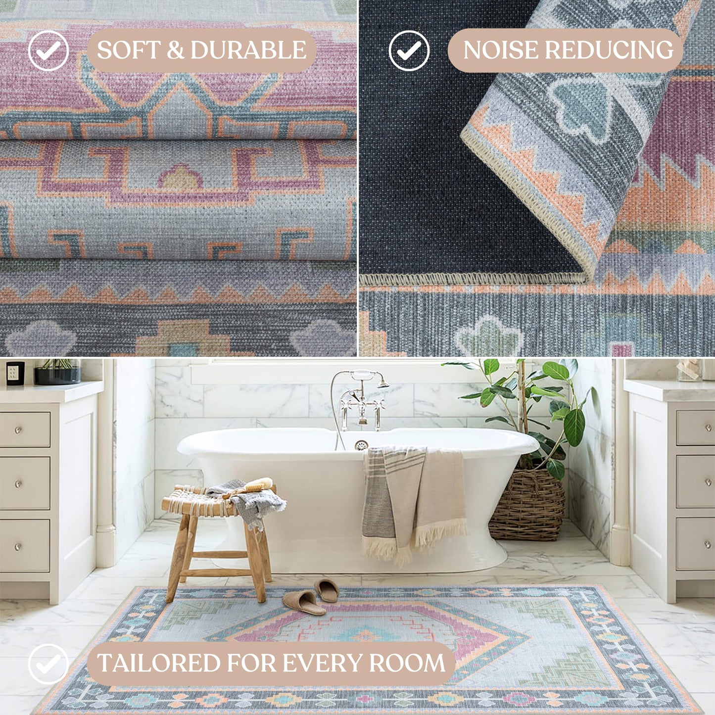 Fame Living Washable Area Rug. Modern Farmhouse. Vintage. Turkish. Bohemian. Distressed. Oriental. Traditional. Rugs for Living Room. Dining. Bedroom. Office. Entryway. Foyer. (856GP, 5' x 6'9")