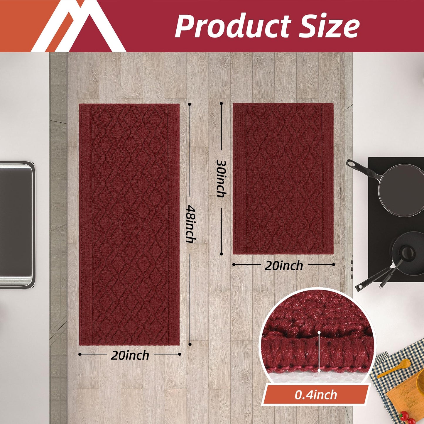 COSY HOMEER 48x20 Inch/30X20 Inch Kitchen Rug Mats Made of 100% Polypropylene 2 Pieces Soft Kitchen Mat Specialized in Anti Slippery and Machine Washable,red