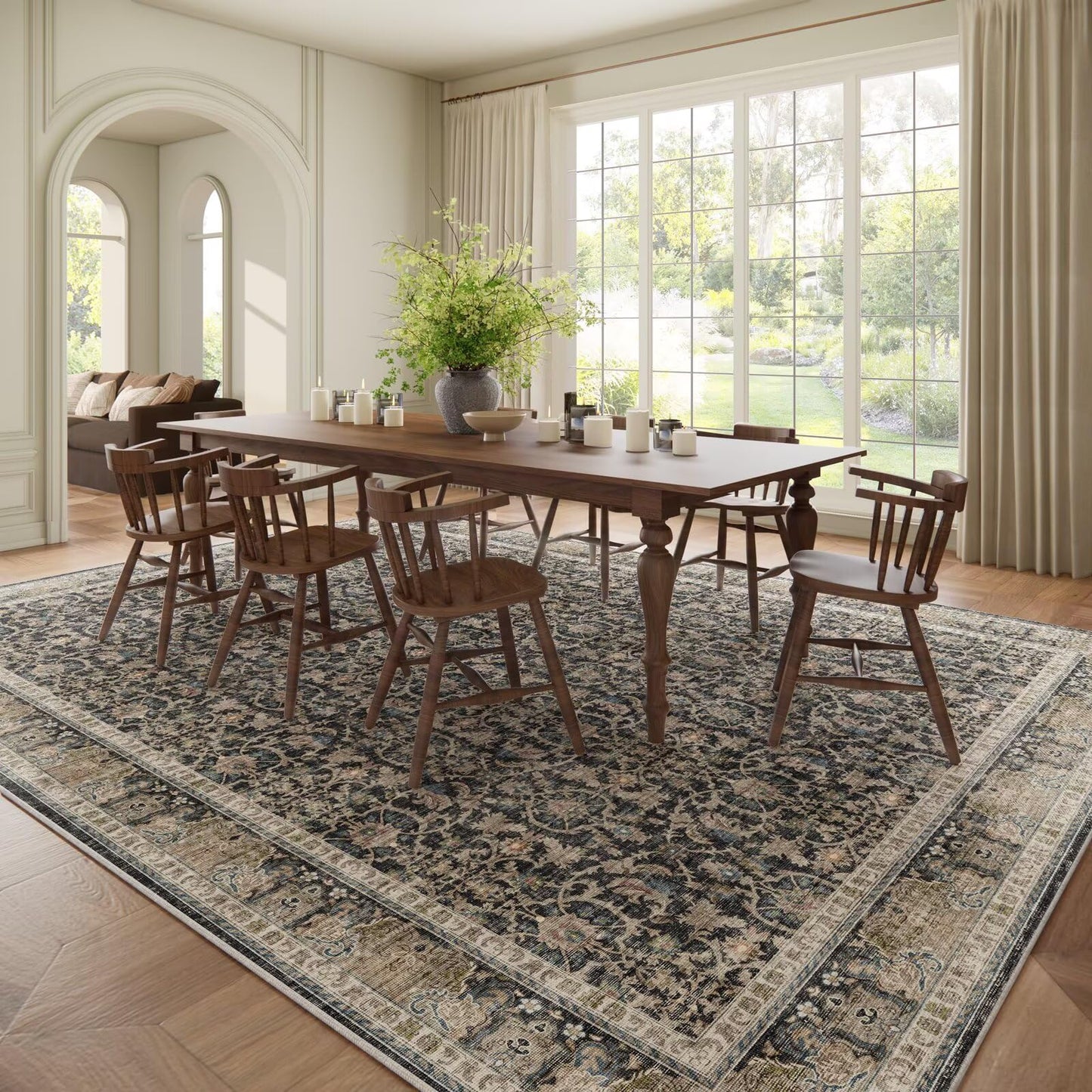 Boho Washable 10x14 Area Rugs for Living Room, Cushioned, Black/Navy Blue