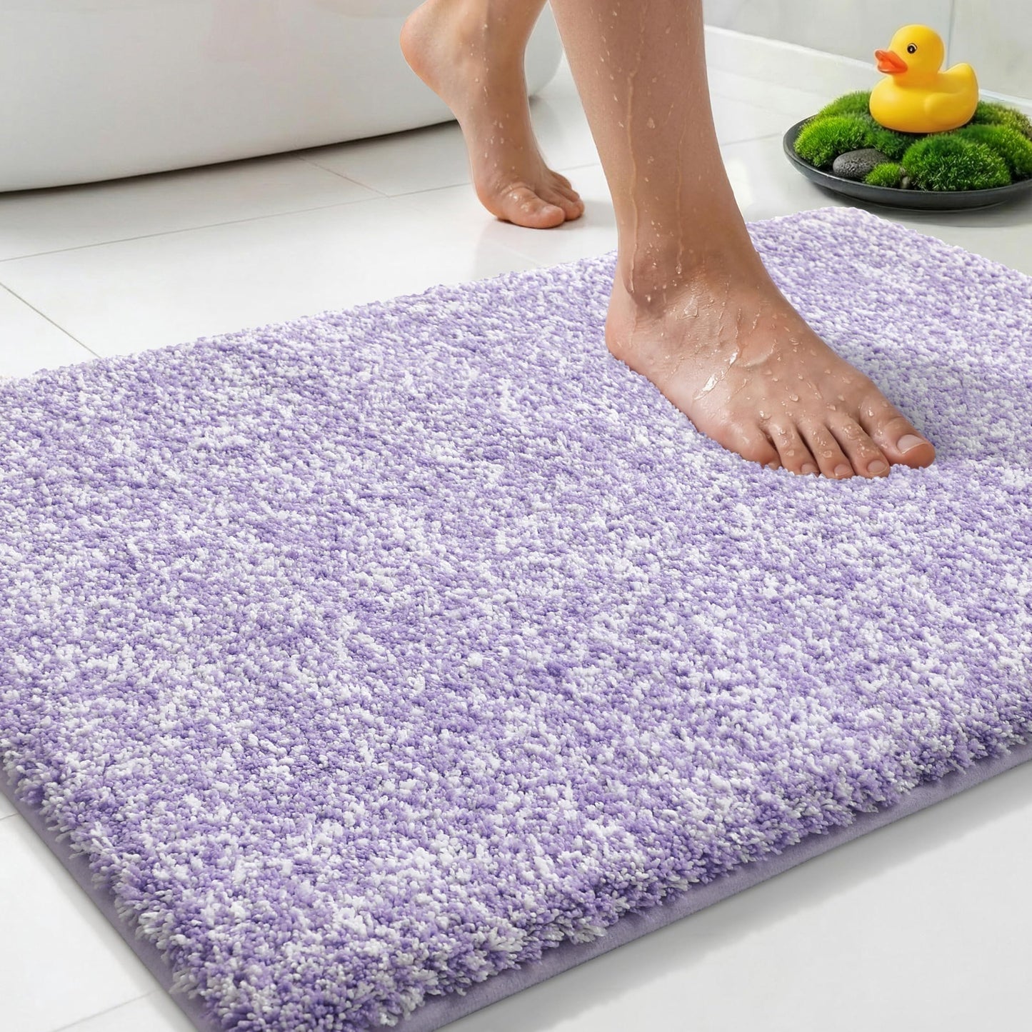 Yimobra Cushioned Anti-Fatigue Bathroom Rug, Bath Mat Non Slip Washable, Dense Soft Microfiber for Bathroom Sink, Shower, Tired Feet Comfort, Absorbent, 24" X 17", Purple and White