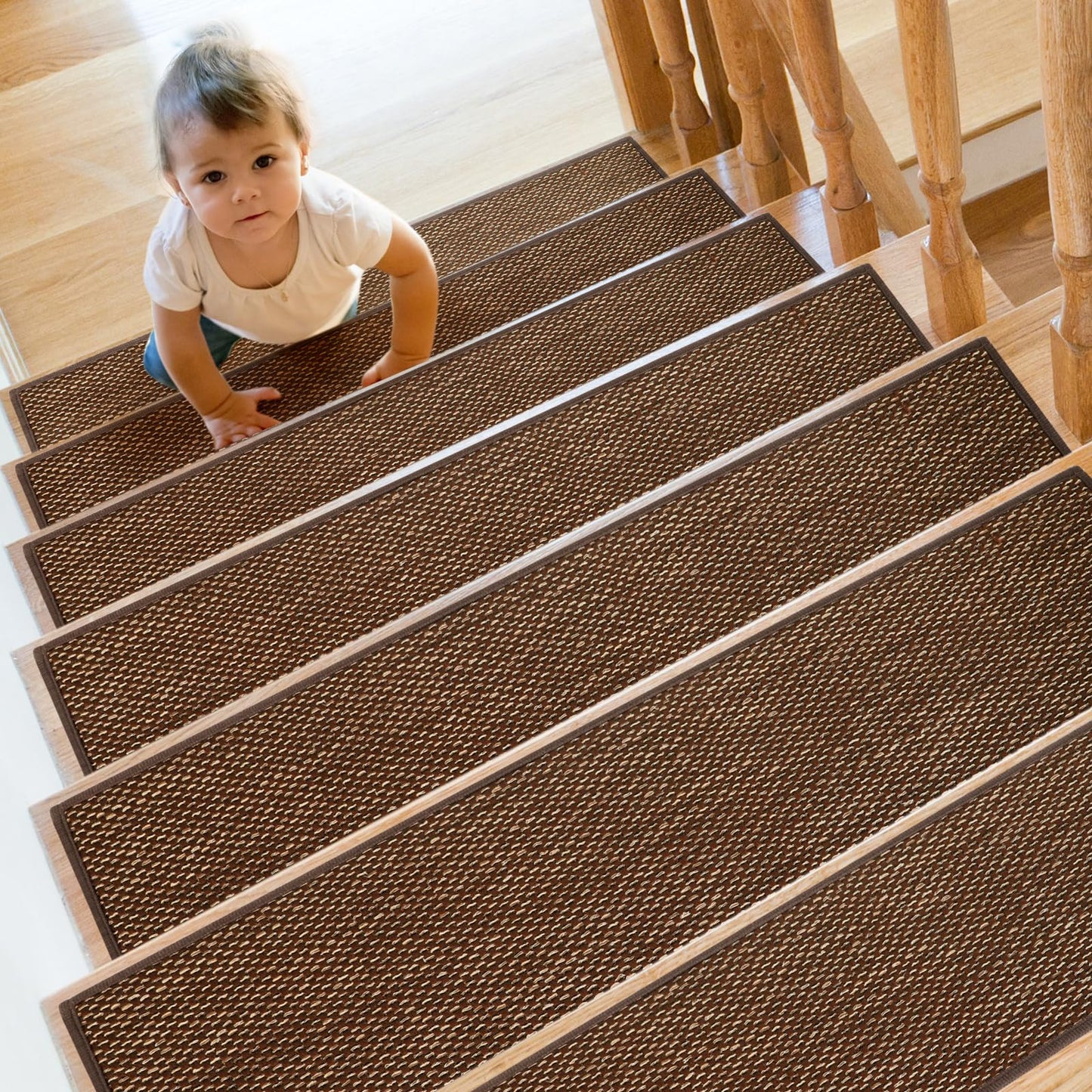 SMILOOL Stair Treads Non Slip for Wooden Steps Indoor 9" x 36" 8 Pack Extra Wide Stair Tread Carpet Stairs Runner, Step Pads with Reusable Adhesive for Dogs Kids Elders, Machine Washable, Brown