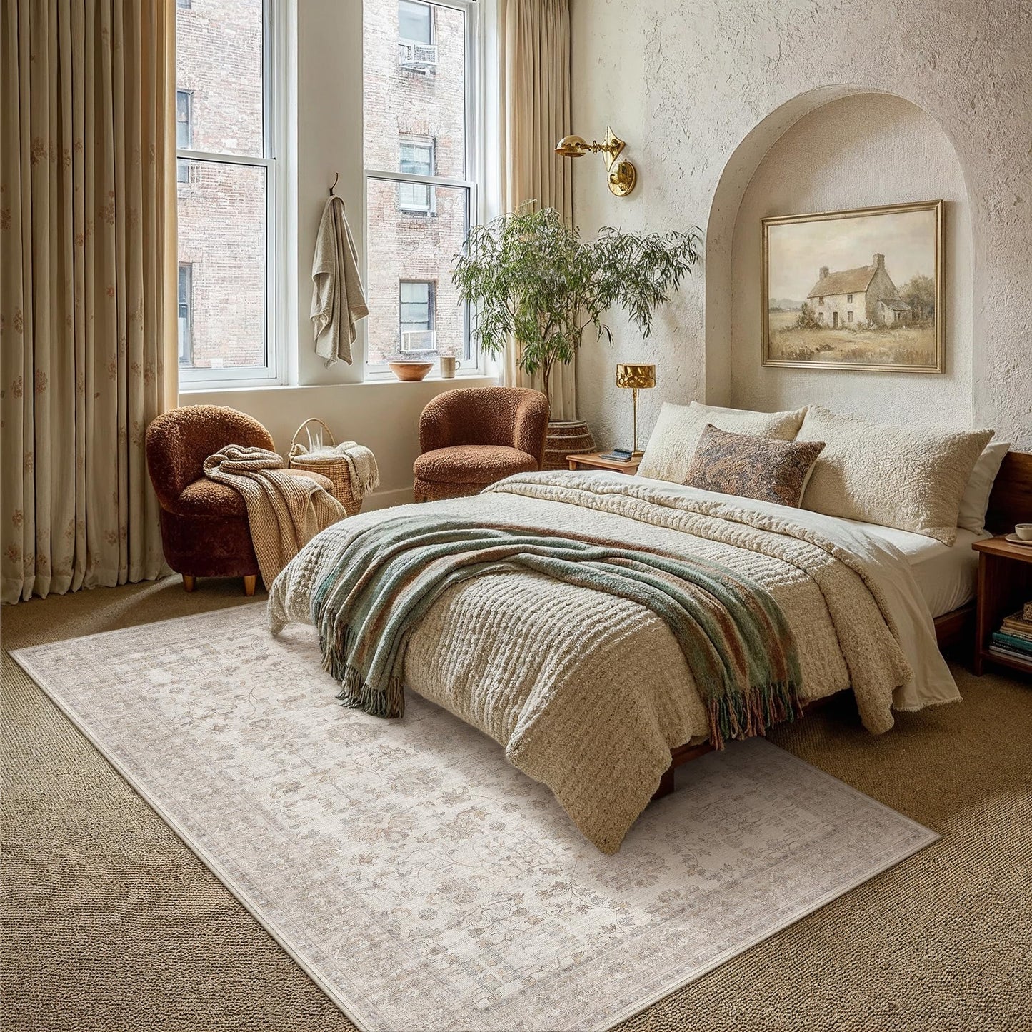PureCozy 8x10 Living Room Area Rug Beige Washable Vintage Carpet Non Slip Low Pile Bedroom Traditional Distressed Large Throw Retro Rug for Dining Room Home Office