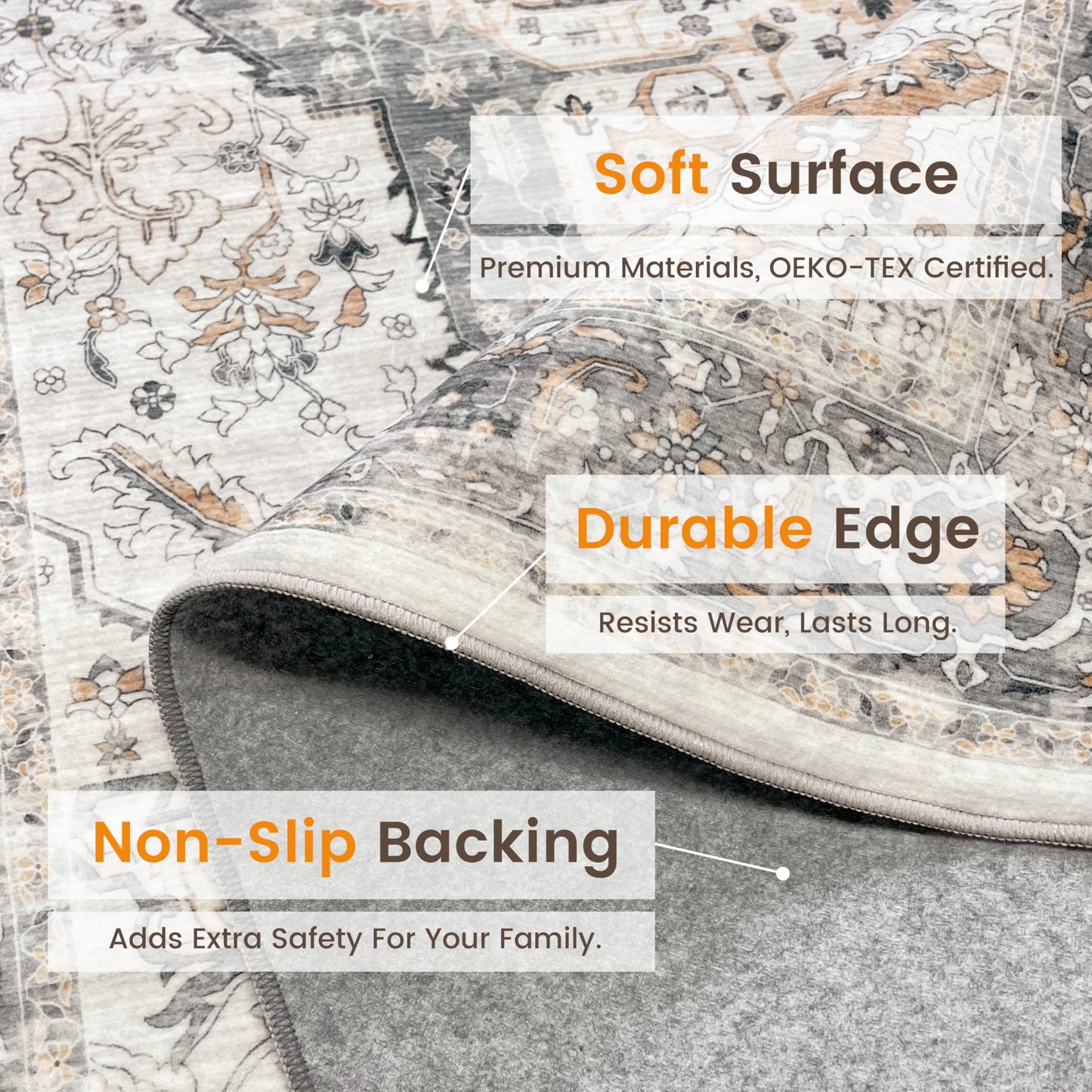 Rugland Washable Rugs 8x10 - Low Pile 8x10 Area Rugs, Anti Slip Stain Resistant Large Rugs for Living Room, Vintage Medallion Printed Machine Washable Area Rugs(8'x10', Taupe/Grey)