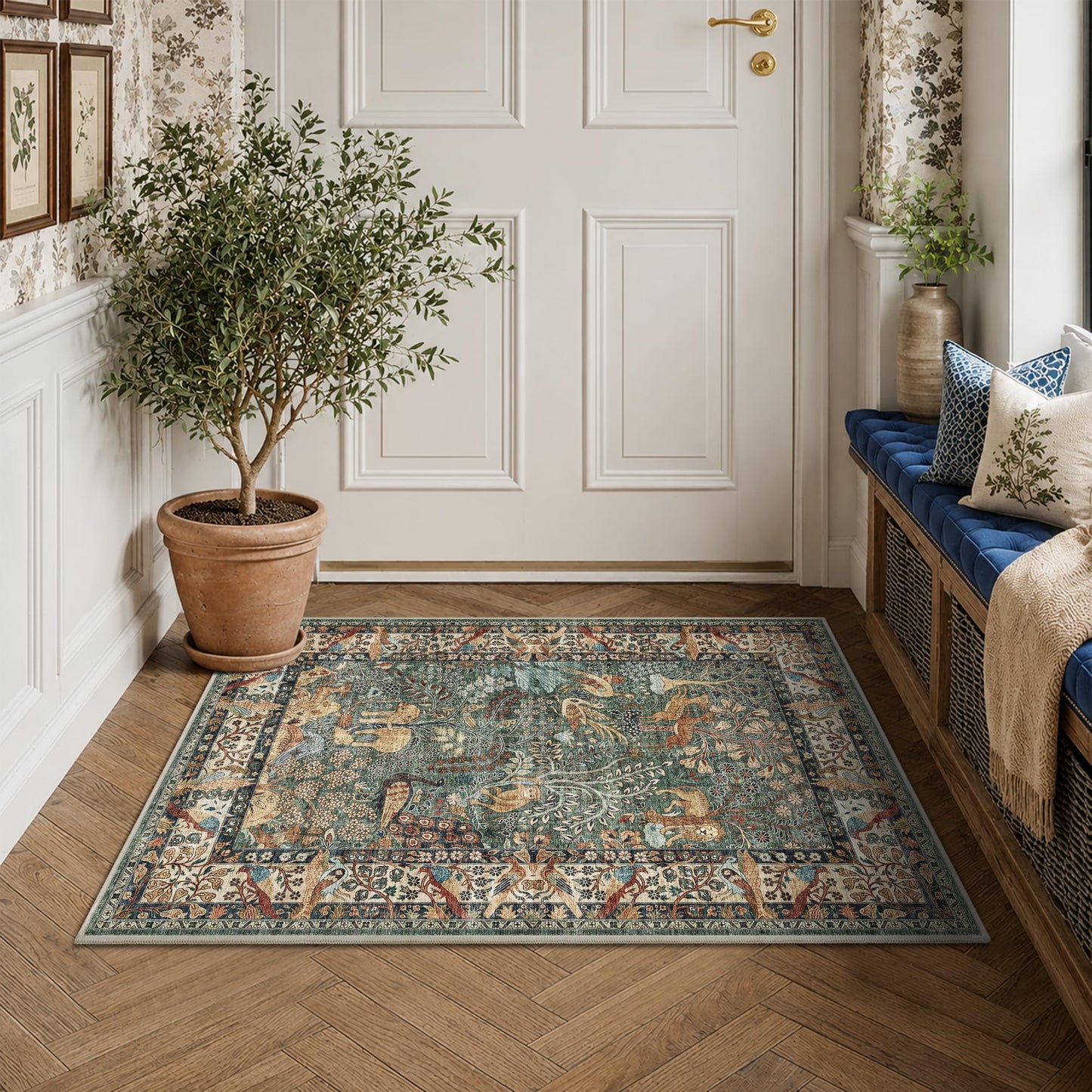 NakedCloud 2x3 Indoor Door Mat, Trees and Animals Print Rug Non-Slip Washable Low Pile Soft Floor Mat for Front Door Entryway Kitchen Bedroom, Green